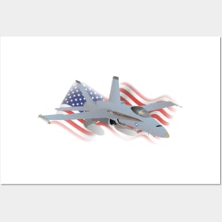 American F-18 Jet Fighter with American Flag Posters and Art